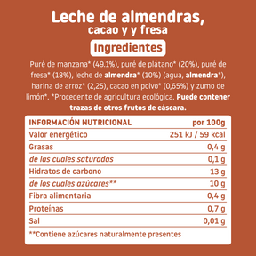 ingredientes pouch de leche de almendras cacao y fresa