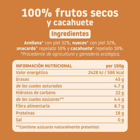 ingredientes y tabla nutricional frutos secos y cacahuete