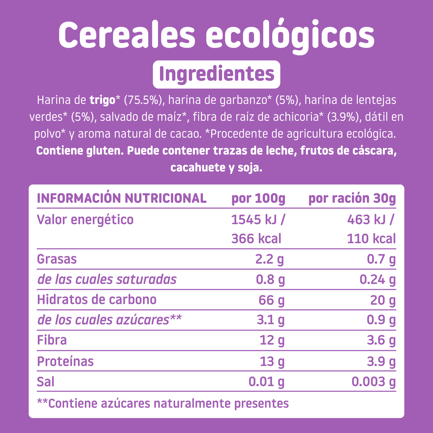 ingredientes cereales TRIBOO con cacao